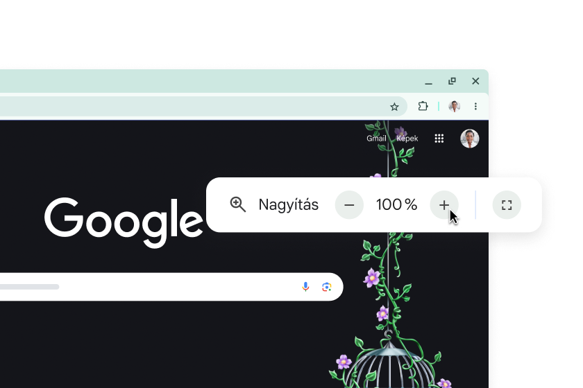 A Google kezdőlapja és egy előugró eszközsáv, amelyen a nagyítás 100%-ra van állítva