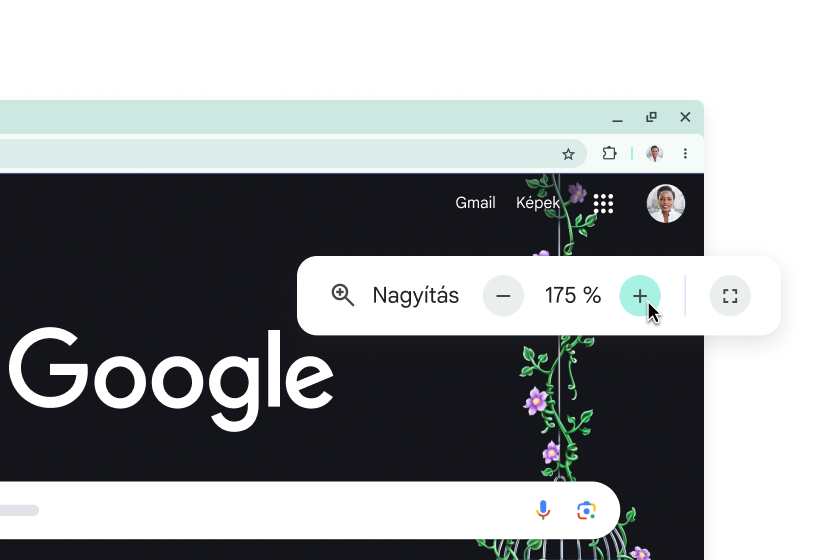 A Google kezdőlapja nagyobb elemekkel és egy előugró eszközsáv, amelyen a nagyítás 175%-ra van állítva